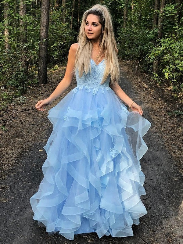 Sky Blue Tulle A-Line Floor-Length Bridesmaid Dress with Lace Bodice and Ruffled Skirt