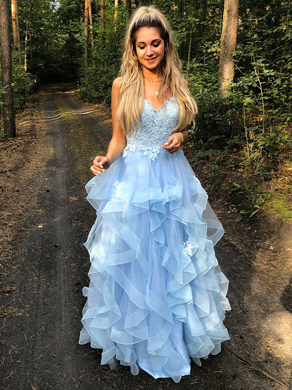 Vestidos de corte A/princesa con tirantes finos, sin mangas, apliques de organza y largo hasta el suelo
