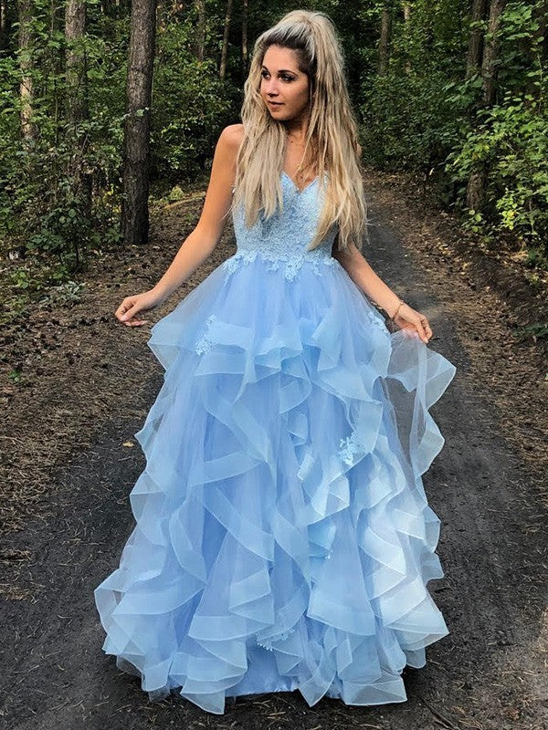 Sky Blue Tulle A-Line Floor-Length Bridesmaid Dress with Lace Bodice and Ruffled Skirt