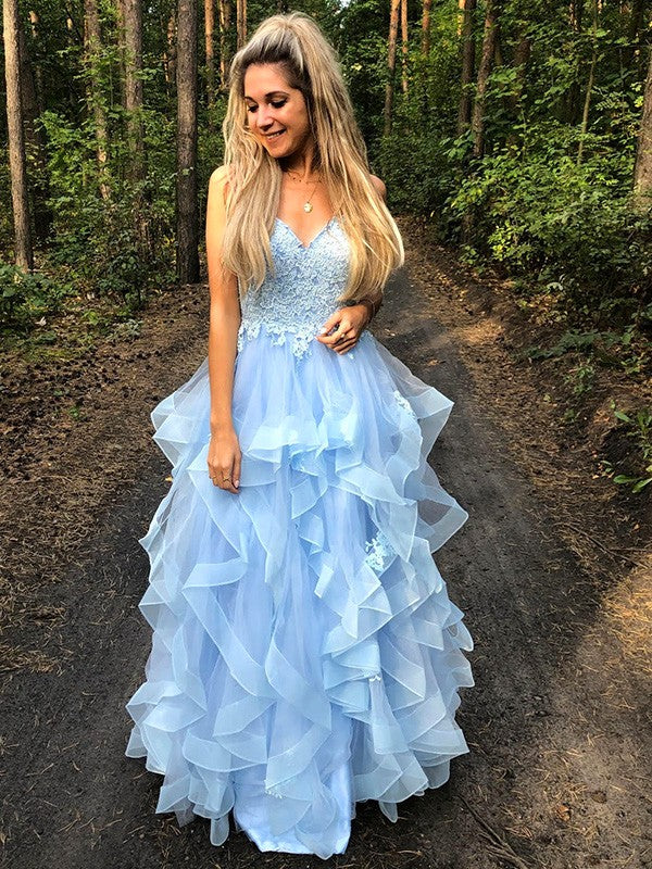 Sky Blue Tulle A-Line Floor-Length Bridesmaid Dress with Lace Bodice and Ruffled Skirt