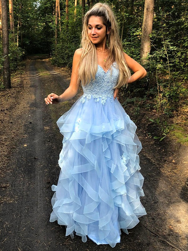 Sky Blue Tulle A-Line Floor-Length Bridesmaid Dress with Lace Bodice and Ruffled Skirt