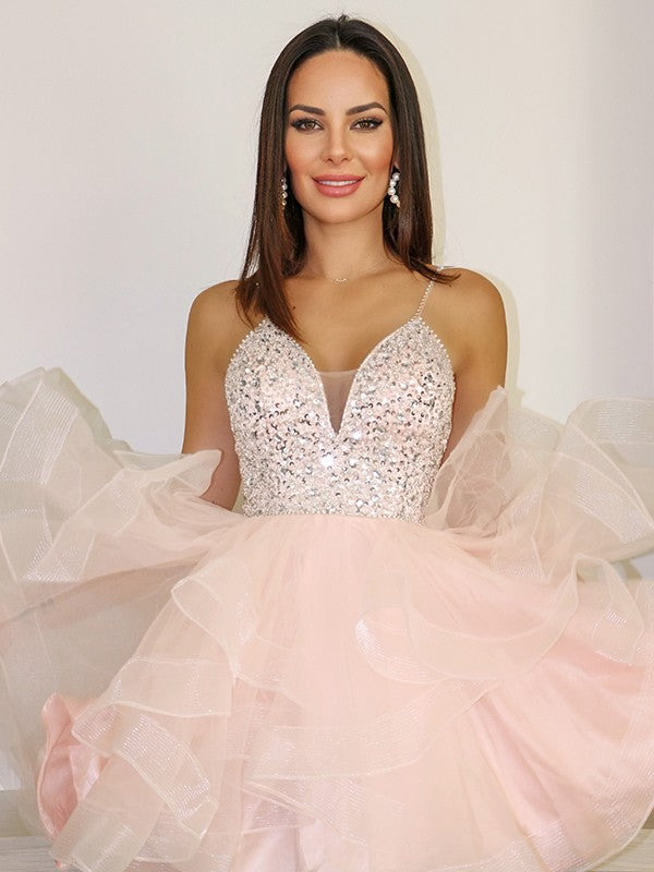 Glamorous Pink Sequin A-Line Short V-Neck Dress for Homecoming & Cocktail