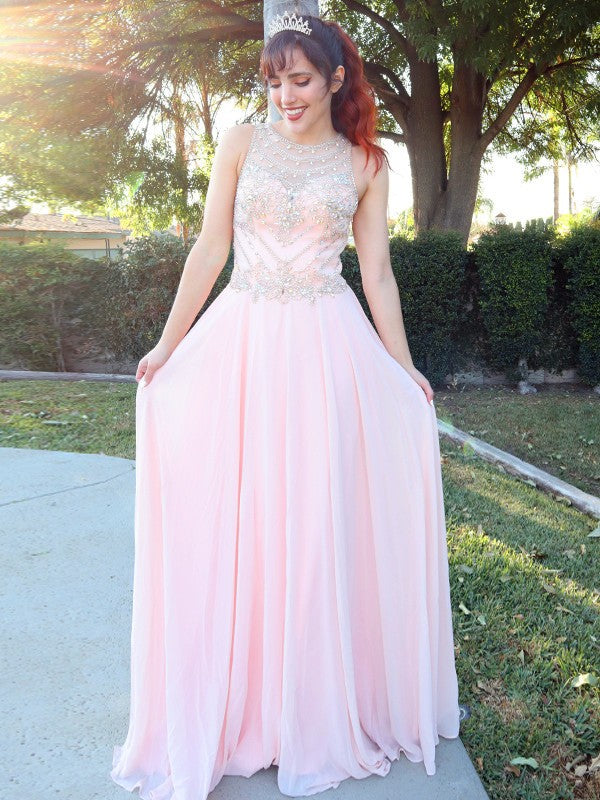Pink Chiffon A-Line Floor-Length Bridesmaid Dress with Embellished High Neck Bodice