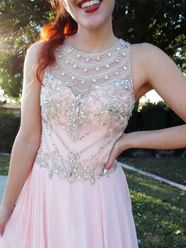 Pink Chiffon A-Line Floor-Length Bridesmaid Dress with Embellished High Neck Bodice