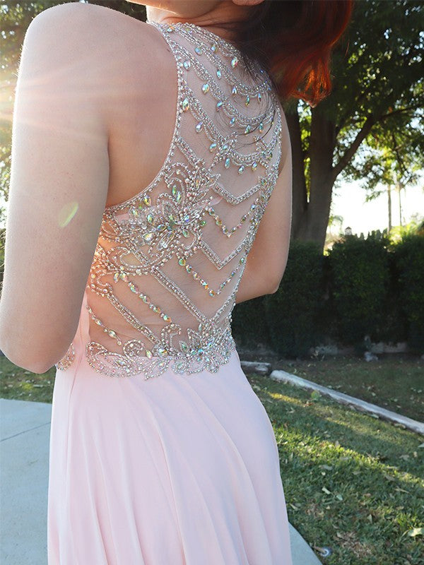 Vestidos de gasa con cristales, corte A/princesa, sin mangas y hasta el suelo