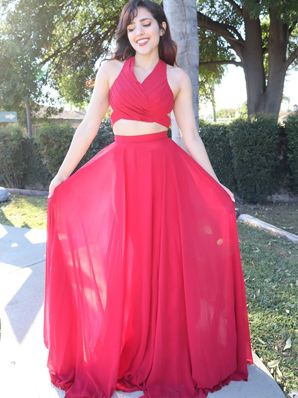 Vestidos de dos piezas de corte A/princesa, de gasa, fruncidos, sin mangas, hasta el suelo