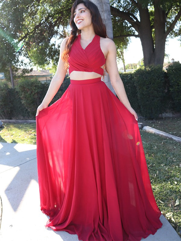 Vestidos de dos piezas de corte A/princesa, de gasa, fruncidos, sin mangas, hasta el suelo