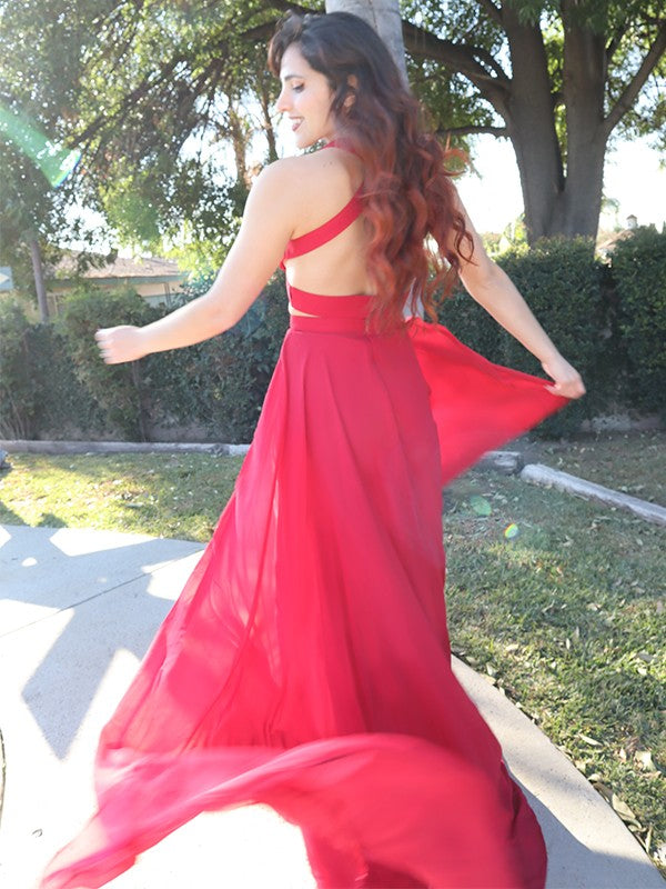 Red Chiffon A-Line Halter Neck Two-Piece Floor-Length Evening Dress