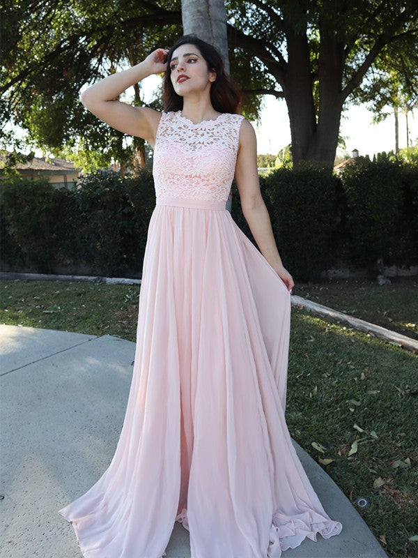 Blushing Pink Lace & Chiffon A-Line Floor-Length Bridesmaid Dress
