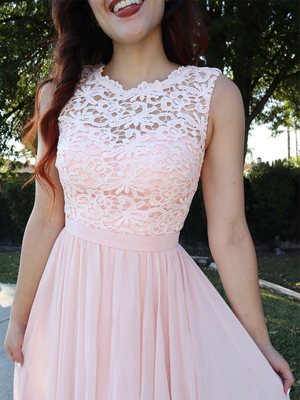 Vestidos de gasa con apliques y escote redondo, sin mangas, corte A/princesa, hasta el suelo