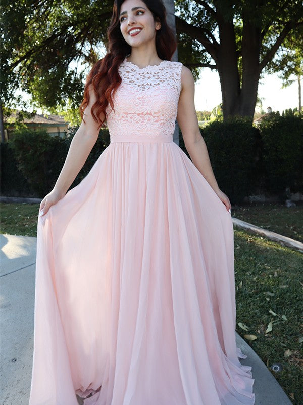 Blushing Pink Lace & Chiffon A-Line Floor-Length Bridesmaid Dress