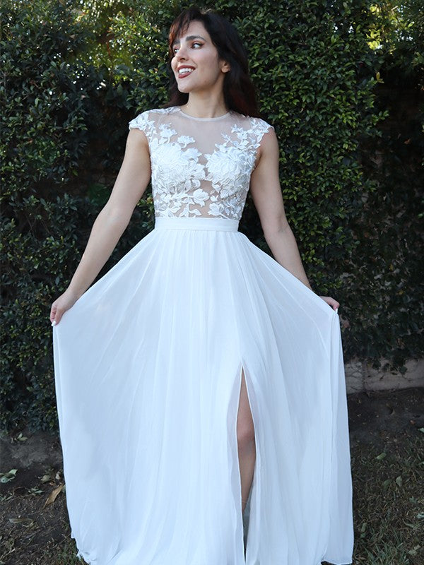 Vestidos de gasa con escote redondo, mangas cortas, apliques y cola larga, corte A/Princesa