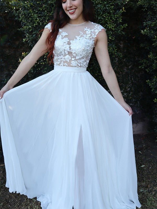 Vestidos de gasa con escote redondo, mangas cortas, apliques y cola larga, corte A/Princesa