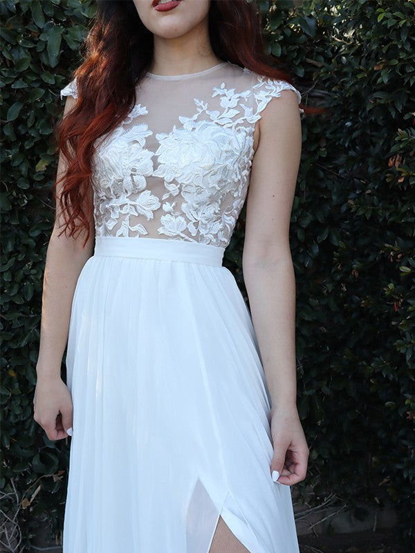 Vestidos de gasa con escote redondo, mangas cortas, apliques y cola larga, corte A/Princesa