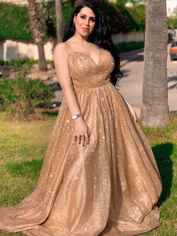 Gold Glitter Fabric V-Neck Ball Gown Floor-Length Evening Dress