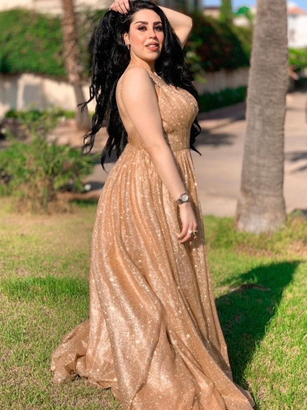 Vestidos de corte A/princesa con tul, lentejuelas, tirantes finos, sin mangas y cola larga