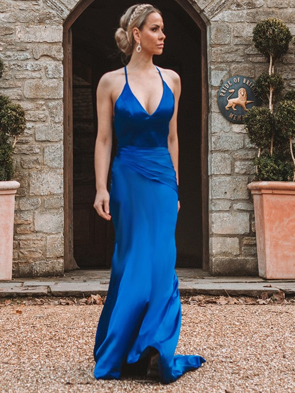 Royal Blue Satin Halter neckline Mermaid Floor-Length Evening Dress