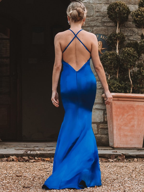 Royal Blue Satin Halter neckline Mermaid Floor-Length Evening Dress