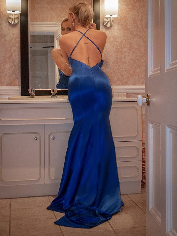 Royal Blue Satin Halter neckline Mermaid Floor-Length Evening Dress