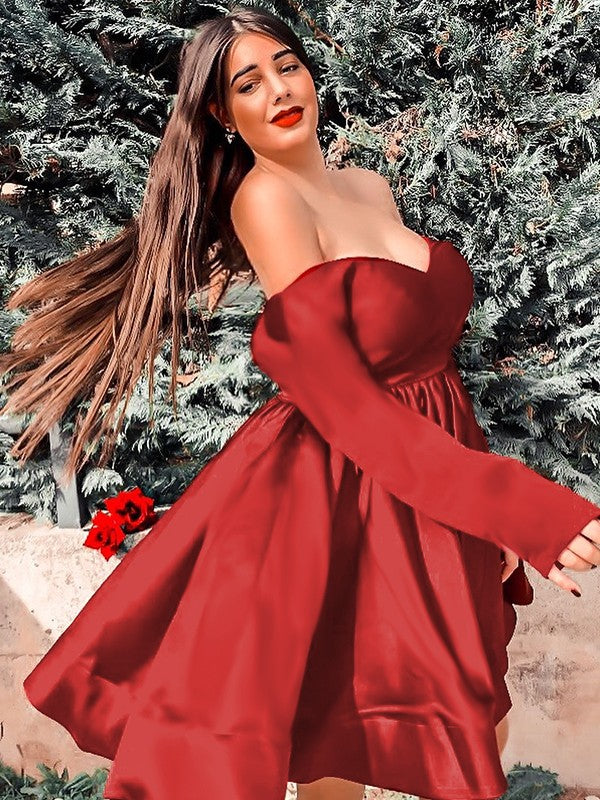 Vestidos de fiesta cortos/mini de satén con escote en V, volantes y mangas largas, corte A/princesa