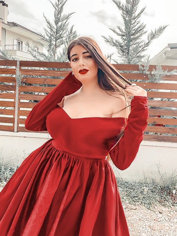 Vestidos de fiesta cortos/mini de satén con escote en V, volantes y mangas largas, corte A/princesa