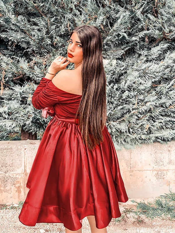 Vestidos de fiesta cortos/mini de satén con escote en V, volantes y mangas largas, corte A/princesa