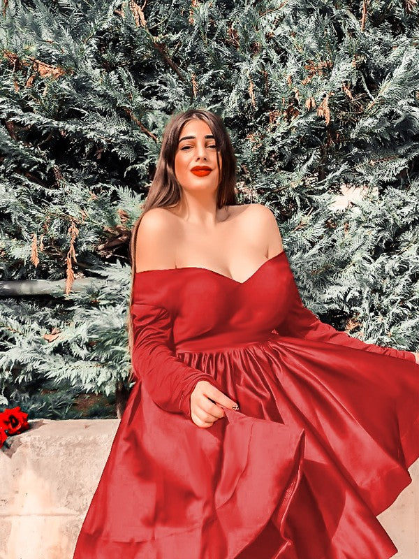 Vestidos de fiesta cortos/mini de satén con escote en V, volantes y mangas largas, corte A/princesa