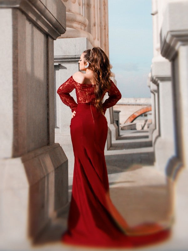 Trumpet/Mermaid  Woven Satin Applique Off-the-Shoulder Long Sleeves Sweep/Brush Train Dresses