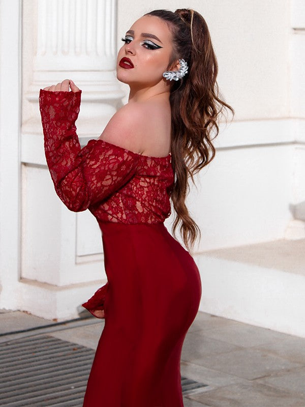 Trumpet/Mermaid  Woven Satin Applique Off-the-Shoulder Long Sleeves Sweep/Brush Train Dresses