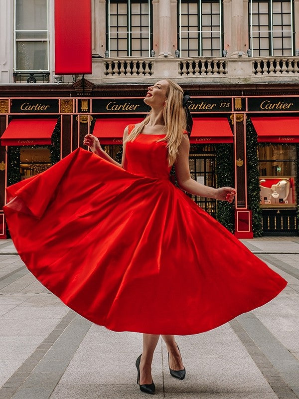 Red Satin A-Line Tea-Length Dress with Square Neck