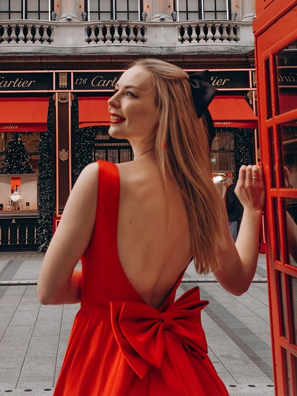 Red Satin A-Line Tea-Length Dress with Square Neck