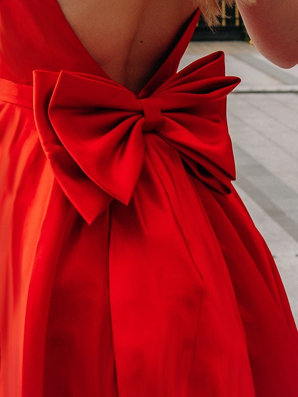 Red Satin A-Line Tea-Length Dress with Square Neck