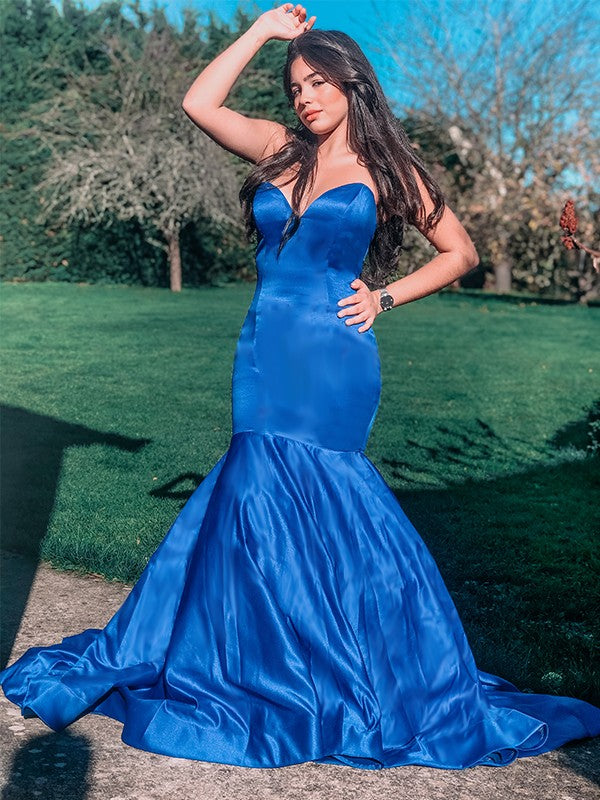 Trumpet/Mermaid Sweetheart Satin Ruffles Sleeveless Sweep/Brush Train Dresses