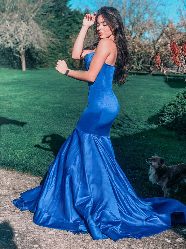 Trumpet/Mermaid Sweetheart Satin Ruffles Sleeveless Sweep/Brush Train Dresses