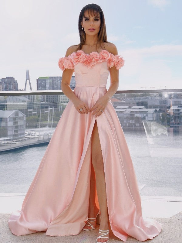 Blushing Pink Satin A-Line Off-the-Shoulder Floor-Length Evening Dress with 3D Floral Appliques & High Slit