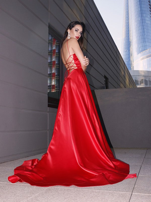 Red Satin V-Neck A-Line Floor-Length Bridesmaid Dress with Spaghetti Straps