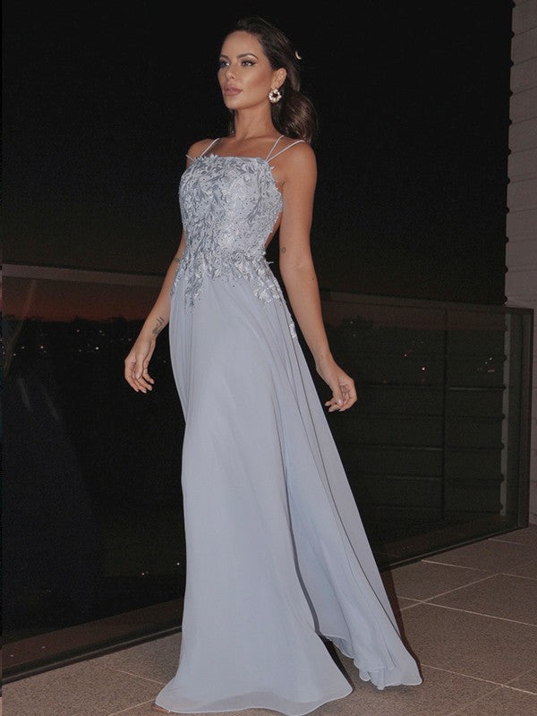 Sky Blue Chiffon A-Line Floor-Length Evening Dress with Embellished Bodice