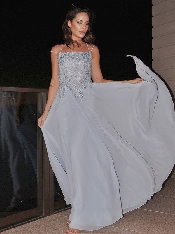 Sky Blue Chiffon A-Line Floor-Length Evening Dress with Embellished Bodice
