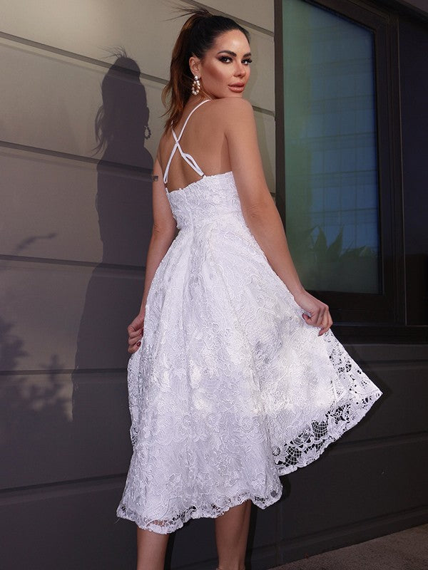 White Lace A-Line Asymmetrical High-Low Dress for Homecoming & Cocktail