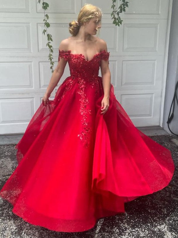 Vestidos de corte A/princesa con hombros descubiertos, apliques de tul, sin mangas y hasta el suelo