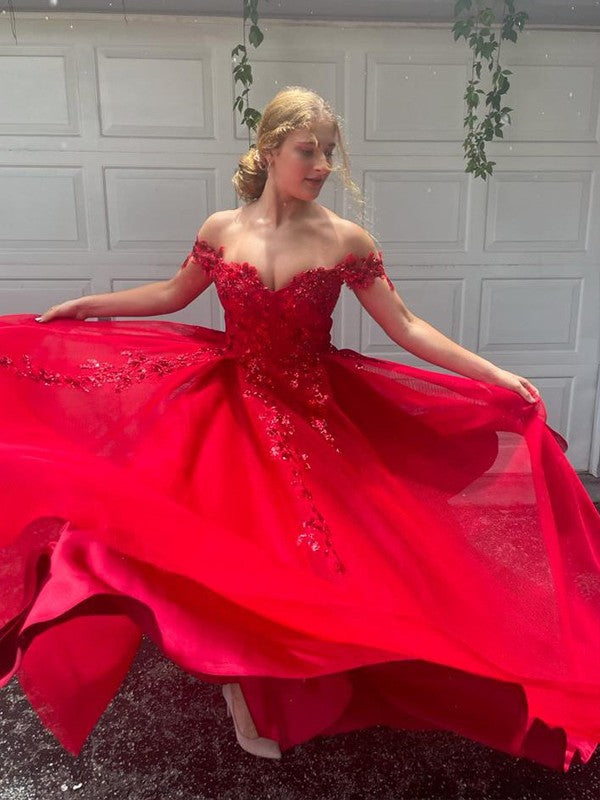 Vestidos de corte A/princesa con hombros descubiertos, apliques de tul, sin mangas y hasta el suelo