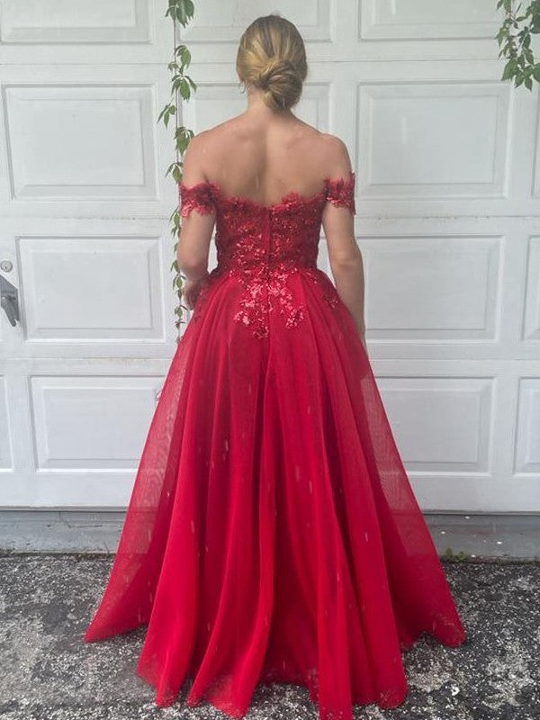 Vestidos de corte A/princesa con hombros descubiertos, apliques de tul, sin mangas y hasta el suelo