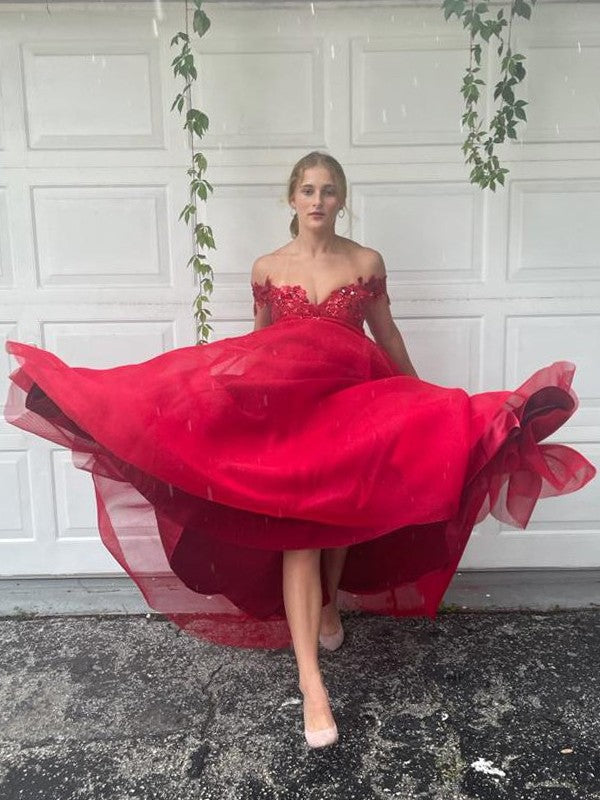 Red Sweetheart Off-the-Shoulder A-Line Asymmetrical High-Low Satin Evening Dress