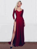 Burgundy Satin A-Line V-Neck Floor-Length Evening Dress