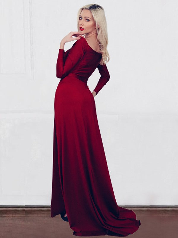 Burgundy Satin A-Line V-Neck Floor-Length Evening Dress