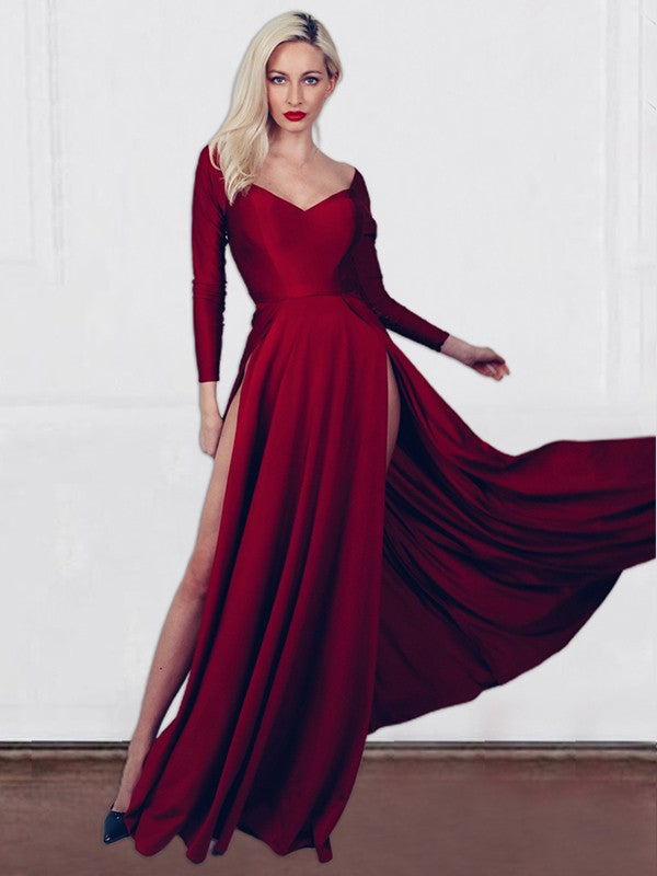 Vestidos de jersey con escote en V fruncido, mangas largas y cola larga, corte A/princesa