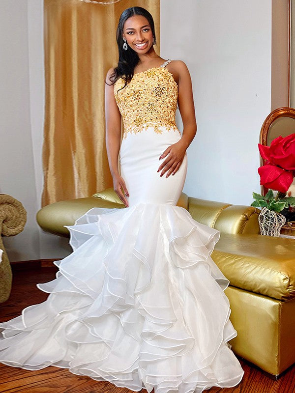 Vestidos de corte trompeta/sirena con organza, apliques, tirantes finos, sin mangas y hasta el suelo