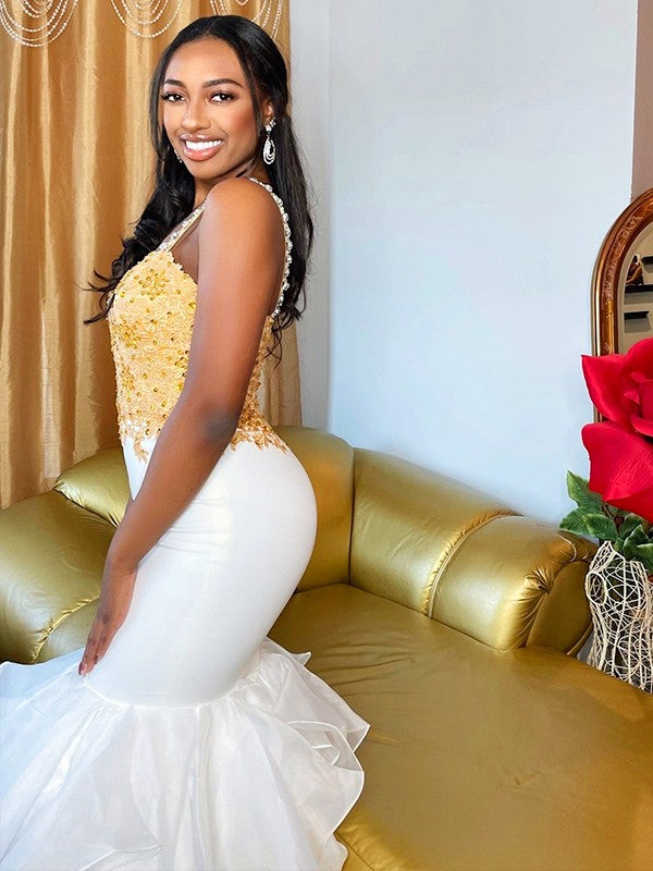 Vestidos de corte trompeta/sirena con organza, apliques, tirantes finos, sin mangas y hasta el suelo