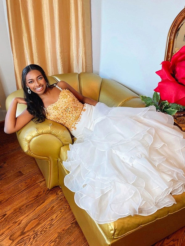 Vestidos de corte trompeta/sirena con organza, apliques, tirantes finos, sin mangas y hasta el suelo