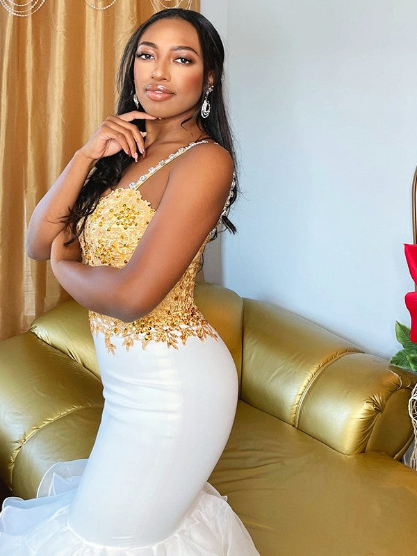 Vestidos de corte trompeta/sirena con organza, apliques, tirantes finos, sin mangas y hasta el suelo